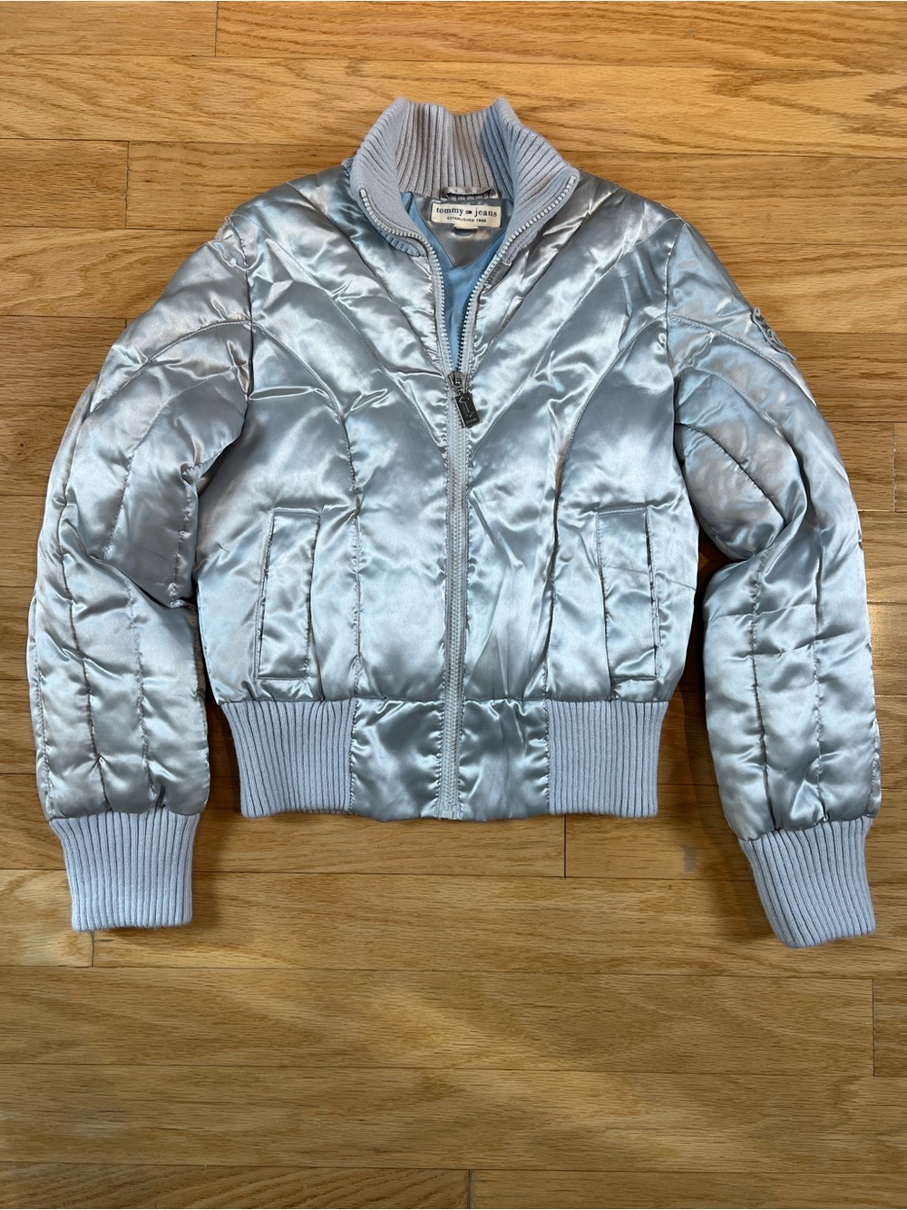 VTG Tommy Jeans Metallic Ice Blue Puffer Jacket 2004 Y2K Satin Size S